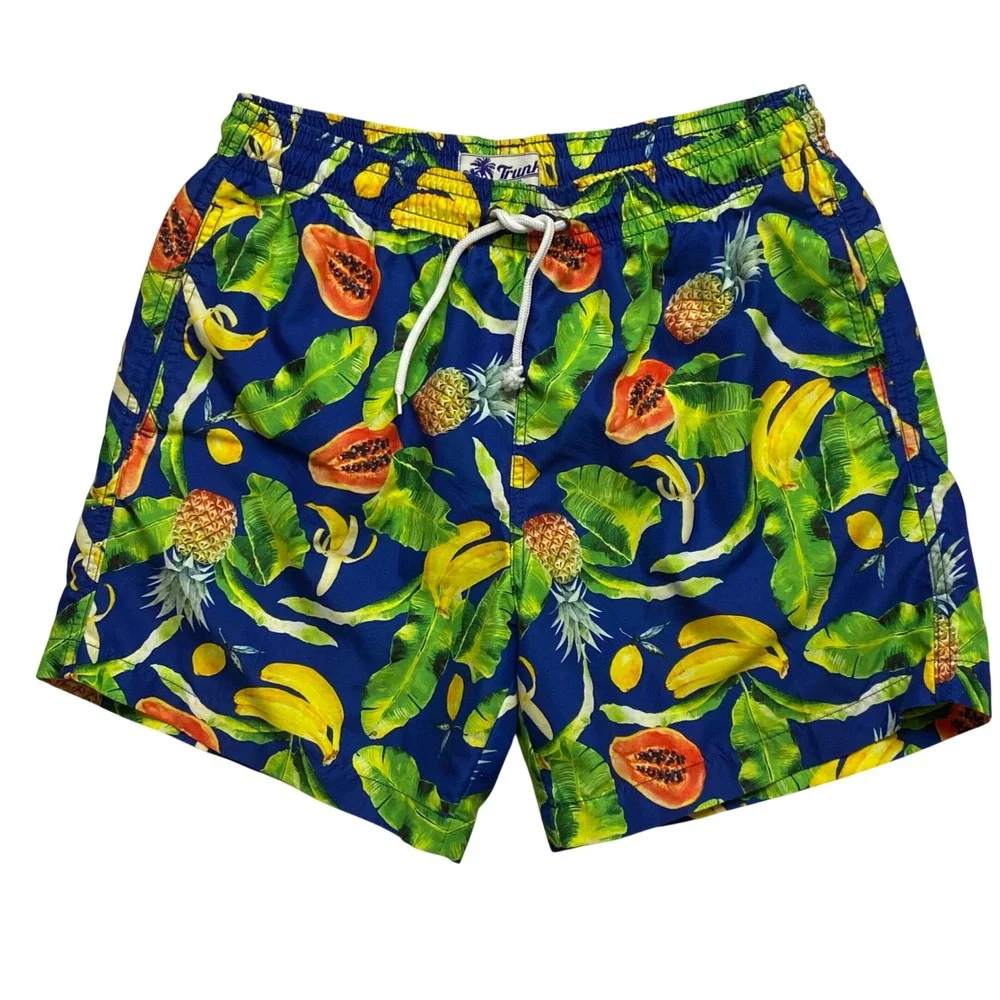 Trunks‎ Surf & Swim Co Mens Tropical Fruit Print Swim Shorts Blue Yellow Size M